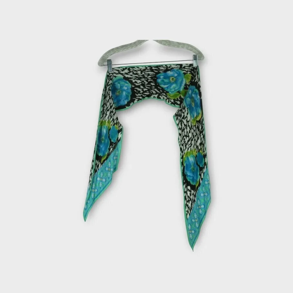 Oscar de la Renta Skinny Silk Scarf Size OS Watercolor Blue Roses